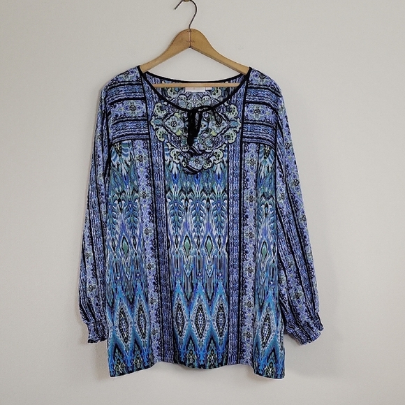 Belle by Kim Gravel Blue Boho Style Pullover Blouse Size 2X - Picture 2 of 9